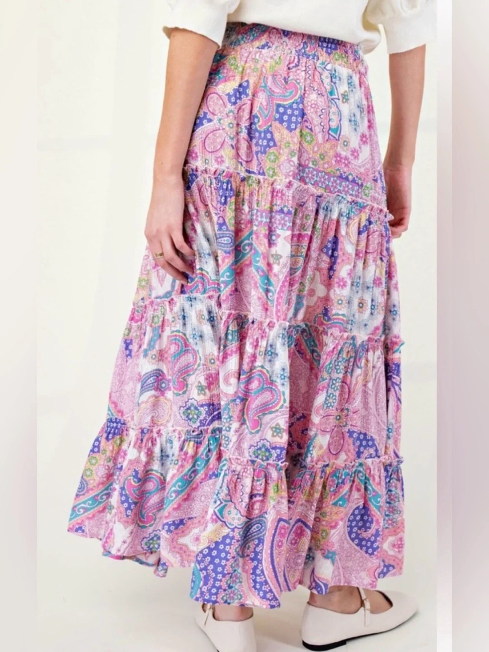 Easel Tiered Pink Paisley Maxi Skirt